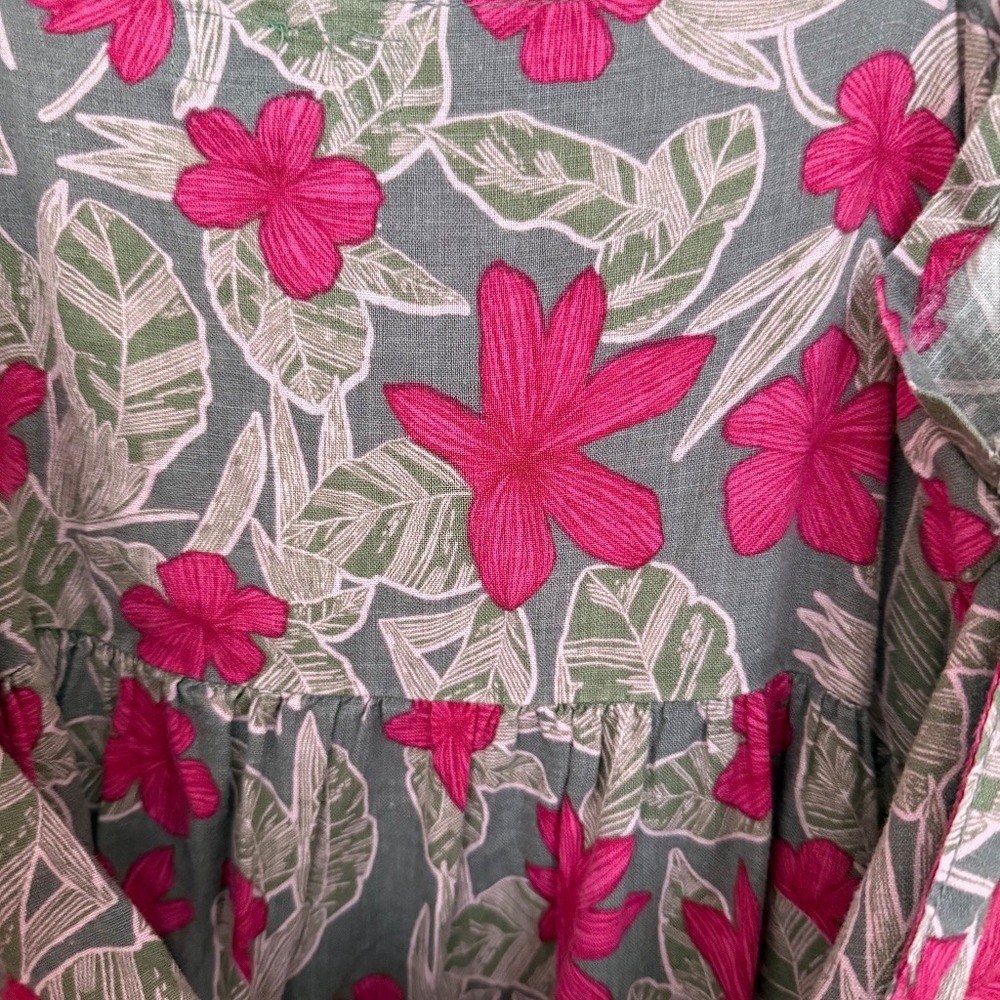 Tropical Floral Button Front Midi Dress L Linen Blend Braided Strap Cottagecore - Picture 3 of 7